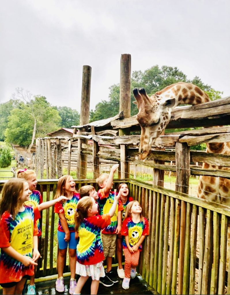 RGA campers with a giraffe